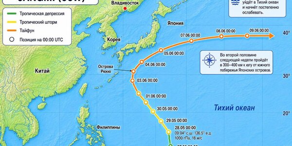 Траектория тайфуна JANGMI в Тихом океане